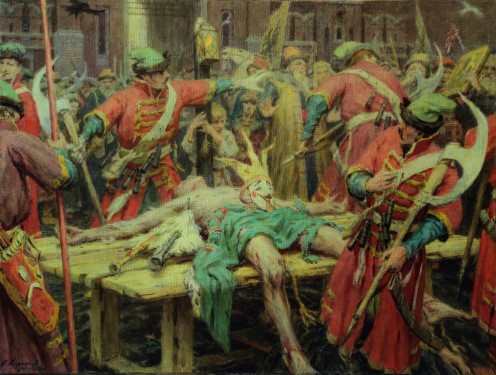 Historical Paintings: Time of Troubles. False Dmitry. (Body of False Dmitry at the Red Square. May 17, 1606). 2011-2015. Oil, cvs 100x130. Sergei Kirillov