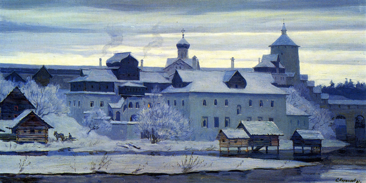 At the Upper Grilles. (The Author´s reconstruction). From the ´ Seventeenth-Century Pskov City Series. 1991. Oil, cvs 50x100. Sergei Kirillov