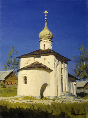 Church of St.Nicholas (From the Stone Fence). From the Seventeenth-Century Pskov City Series. 1995. Oil, cvs 40x30. Sergei Kirillov