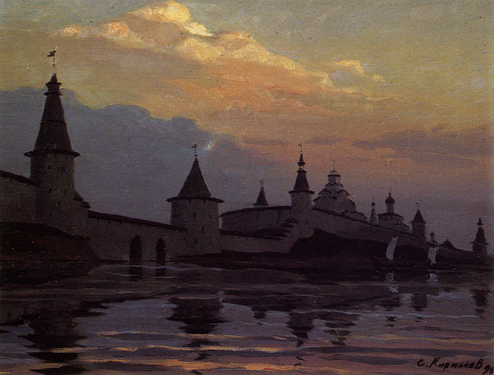 The Kremlin in the Evening. From the Seventeenth-Century Pskov City Series. 1990. Oil, cvs 40x60. Sergei Kirillov