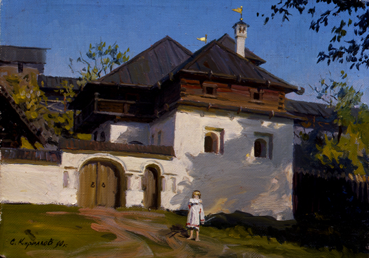 A Mansion near the Falcons´ Tower. From the Seventeenth-Century Pskov City Series. 1990. Oil, cvs 30x40. Sergei Kirillov