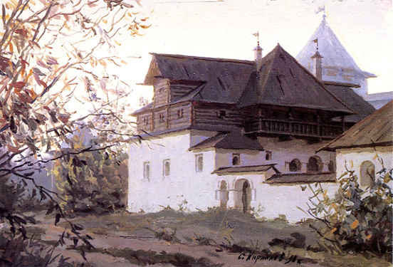 Faddei Guryev´s Mansion. From the Seventeenth-Century Pskov City Series. 1990. Oil, cvs 30x40. Sergei Kirillov